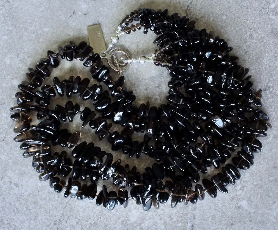 Smoky Quartz Nugget 3-Strand Necklace with Smoky Quartz Rounds & Rondelles and a Sterling Silver Toggle Clasp