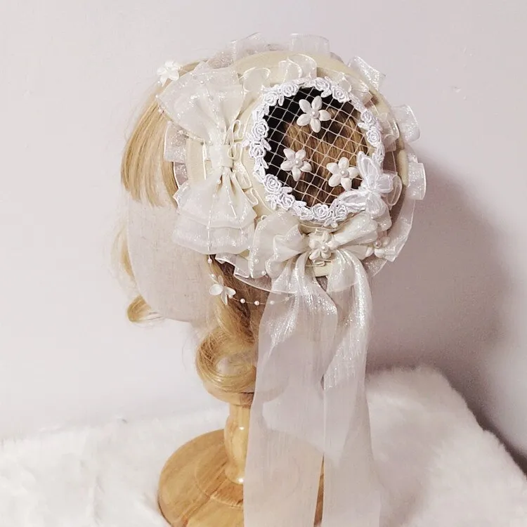 Sweet Mini Net Top Hat Mori Girl Fascinator Hair Clip with Ribbon