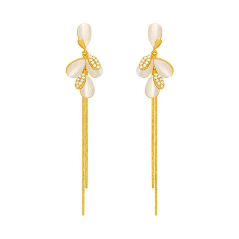 Temperament Silver Needle Cat Eye Tassel Earrings