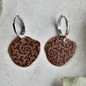 'Trillium' Silver Huggie Hoop with Patterned Copper Drop