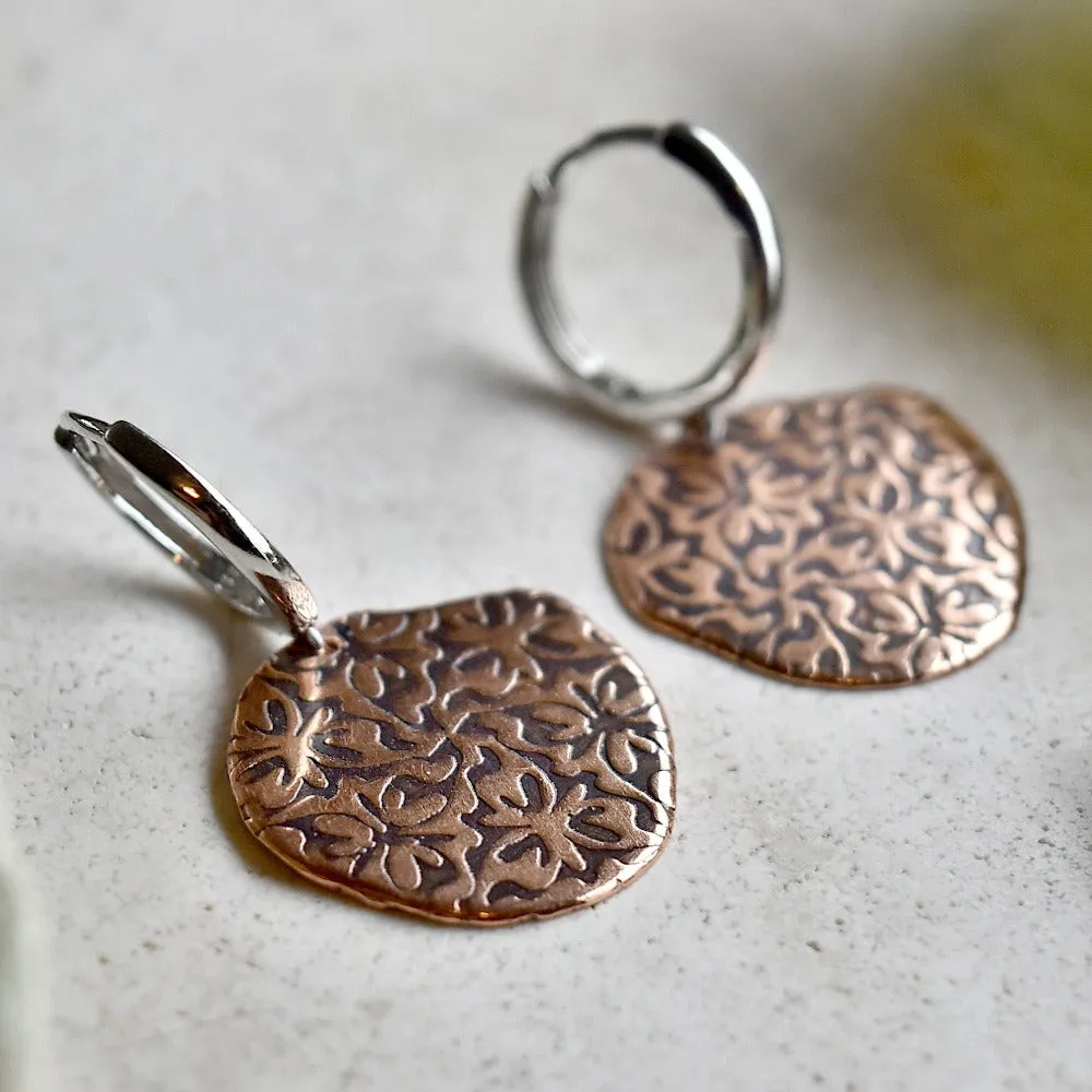 'Trillium' Silver Huggie Hoop with Patterned Copper Drop