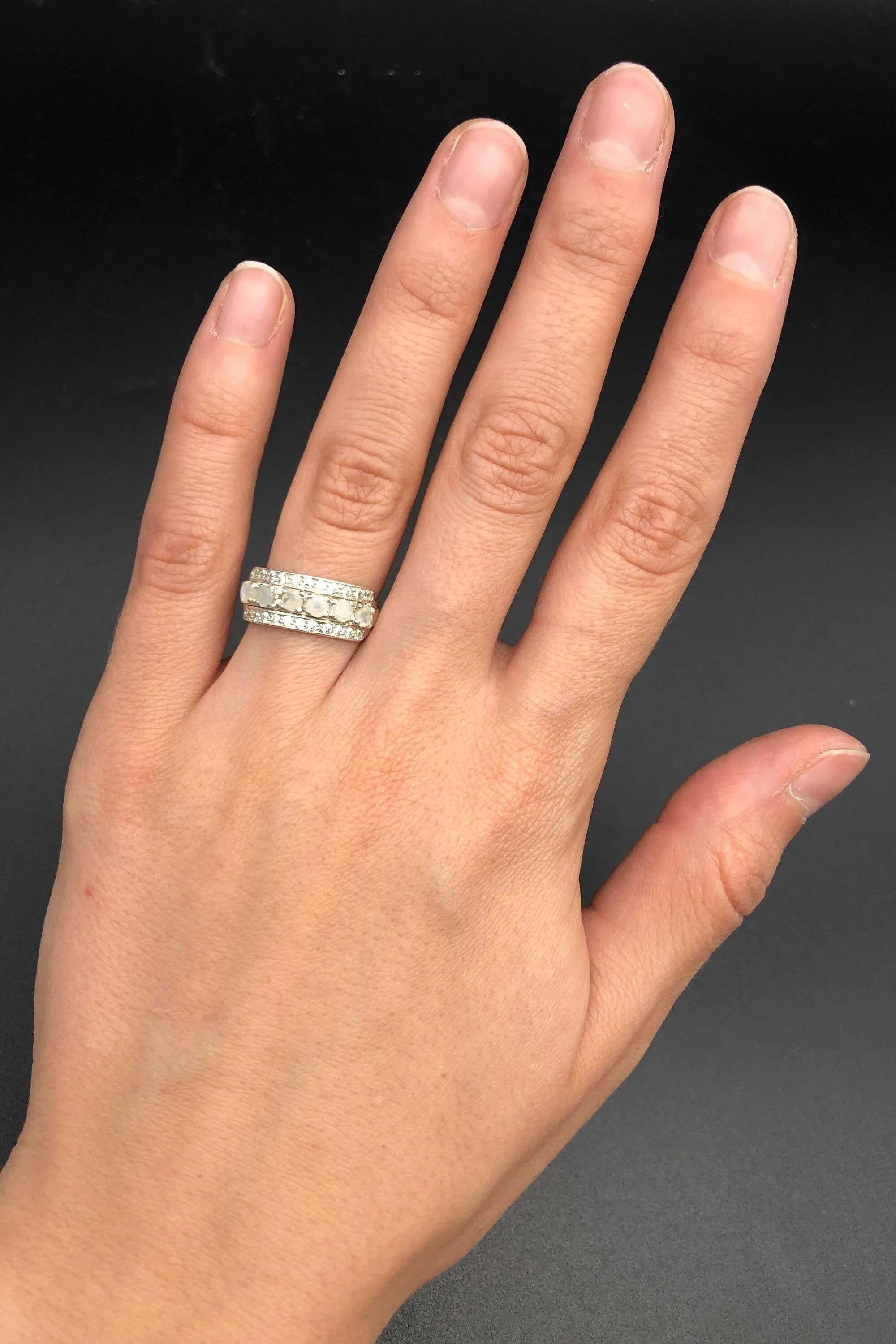 Triple Moonstone Ring - Natural Rainbow Moonstone - Half Eternity Band