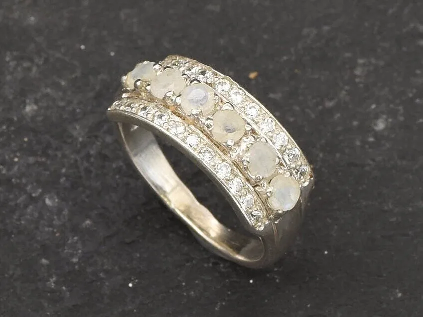 Triple Moonstone Ring - Natural Rainbow Moonstone - Half Eternity Band