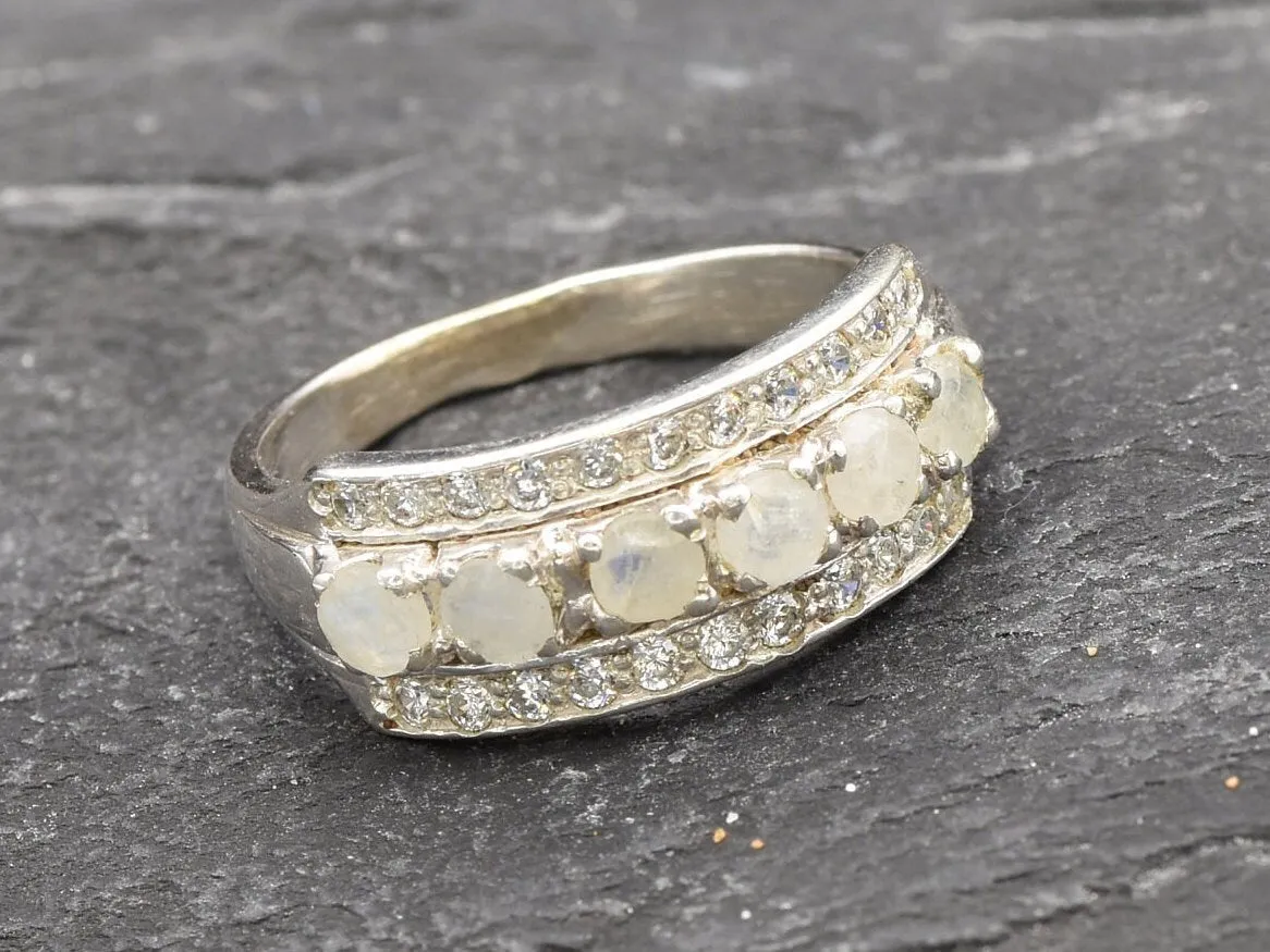 Triple Moonstone Ring - Natural Rainbow Moonstone - Half Eternity Band
