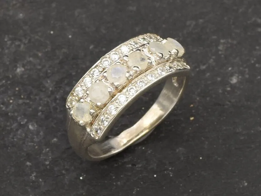 Triple Moonstone Ring - Natural Rainbow Moonstone - Half Eternity Band