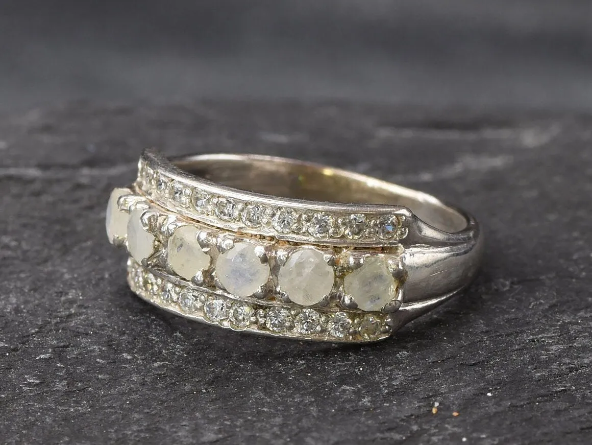 Triple Moonstone Ring - Natural Rainbow Moonstone - Half Eternity Band