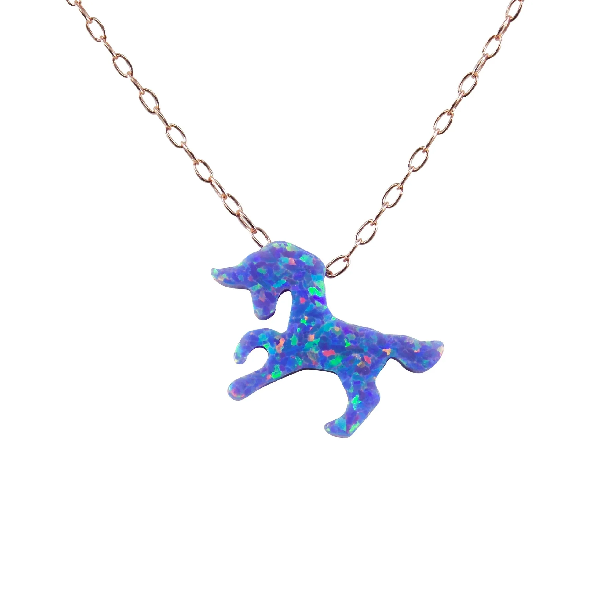 Unicorn Necklace Purple Lab-Created Opal Pendant 925 Sterling Silver Chain
