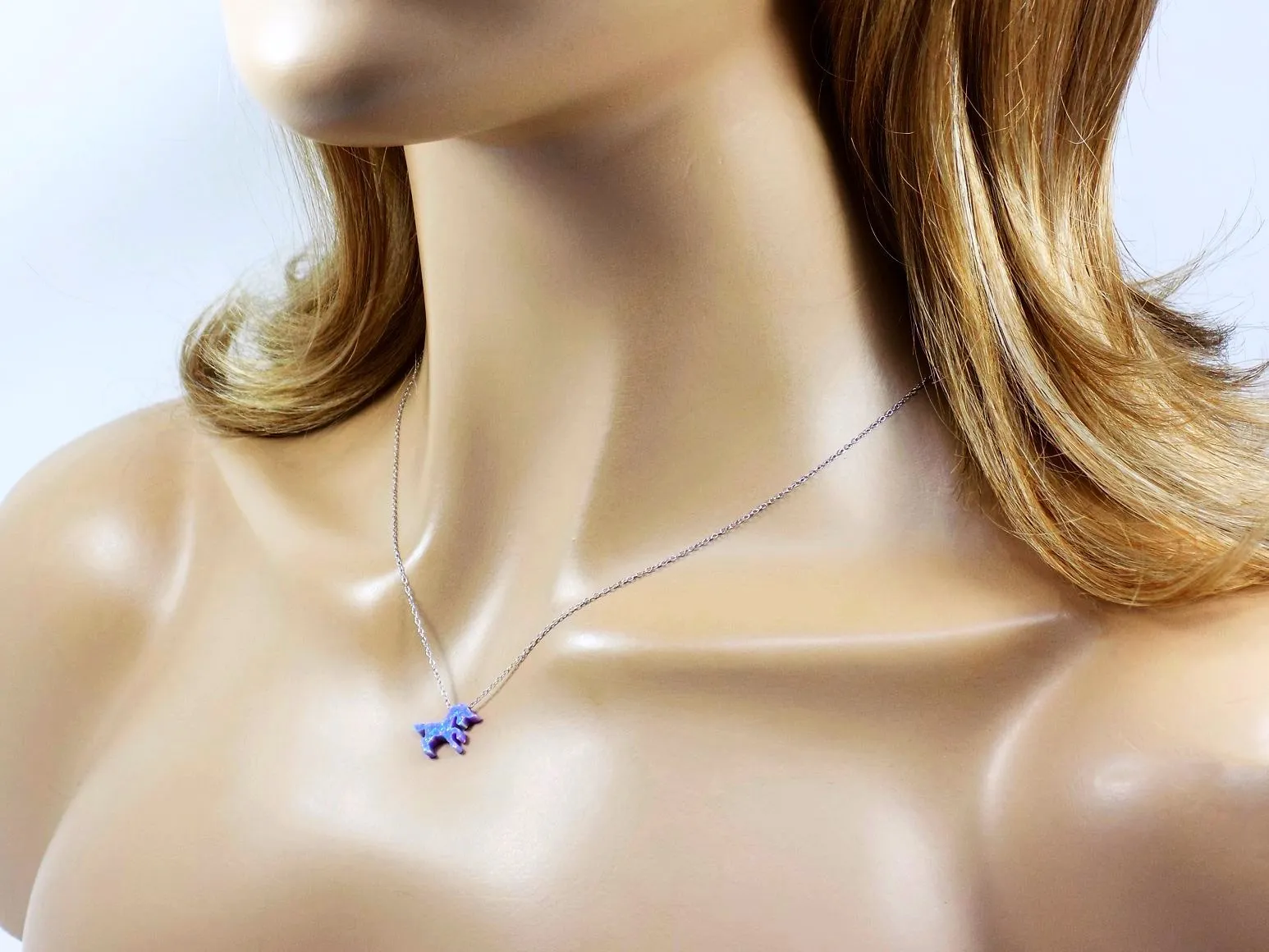 Unicorn Necklace Purple Lab-Created Opal Pendant 925 Sterling Silver Chain
