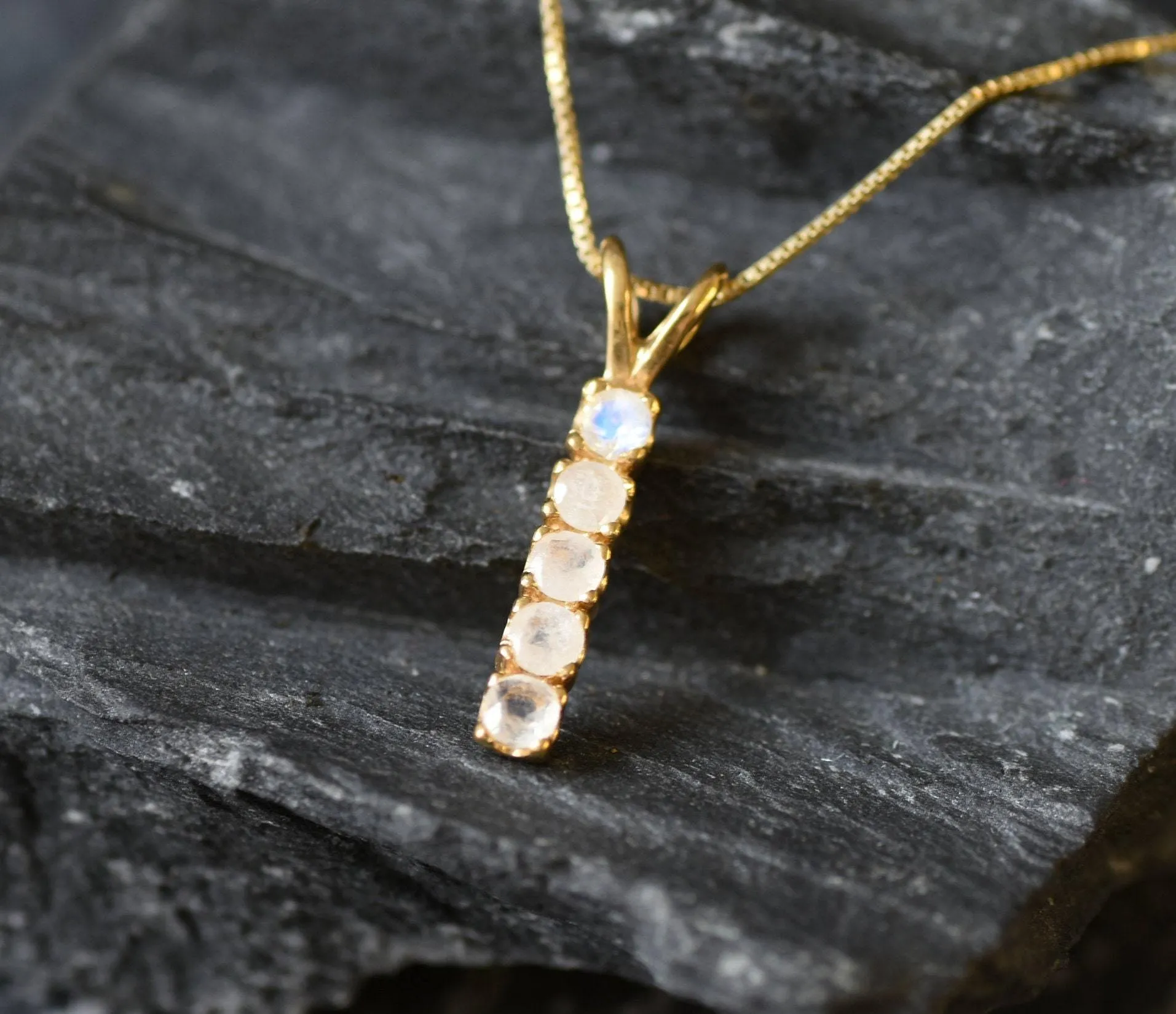 Vertical Moonstone Pendant - Natural Rainbow Moonstone Necklace, Gold Moonstone Pendant