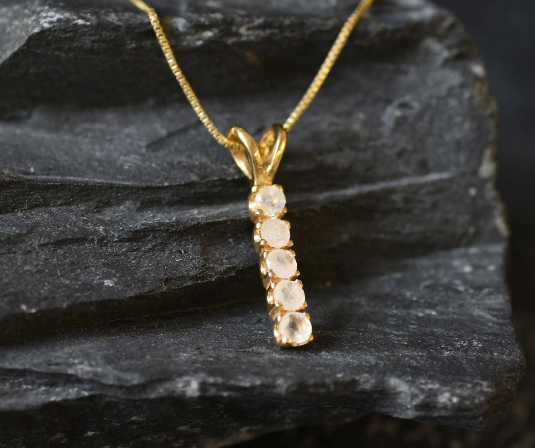 Vertical Moonstone Pendant - Natural Rainbow Moonstone Necklace, Gold Moonstone Pendant