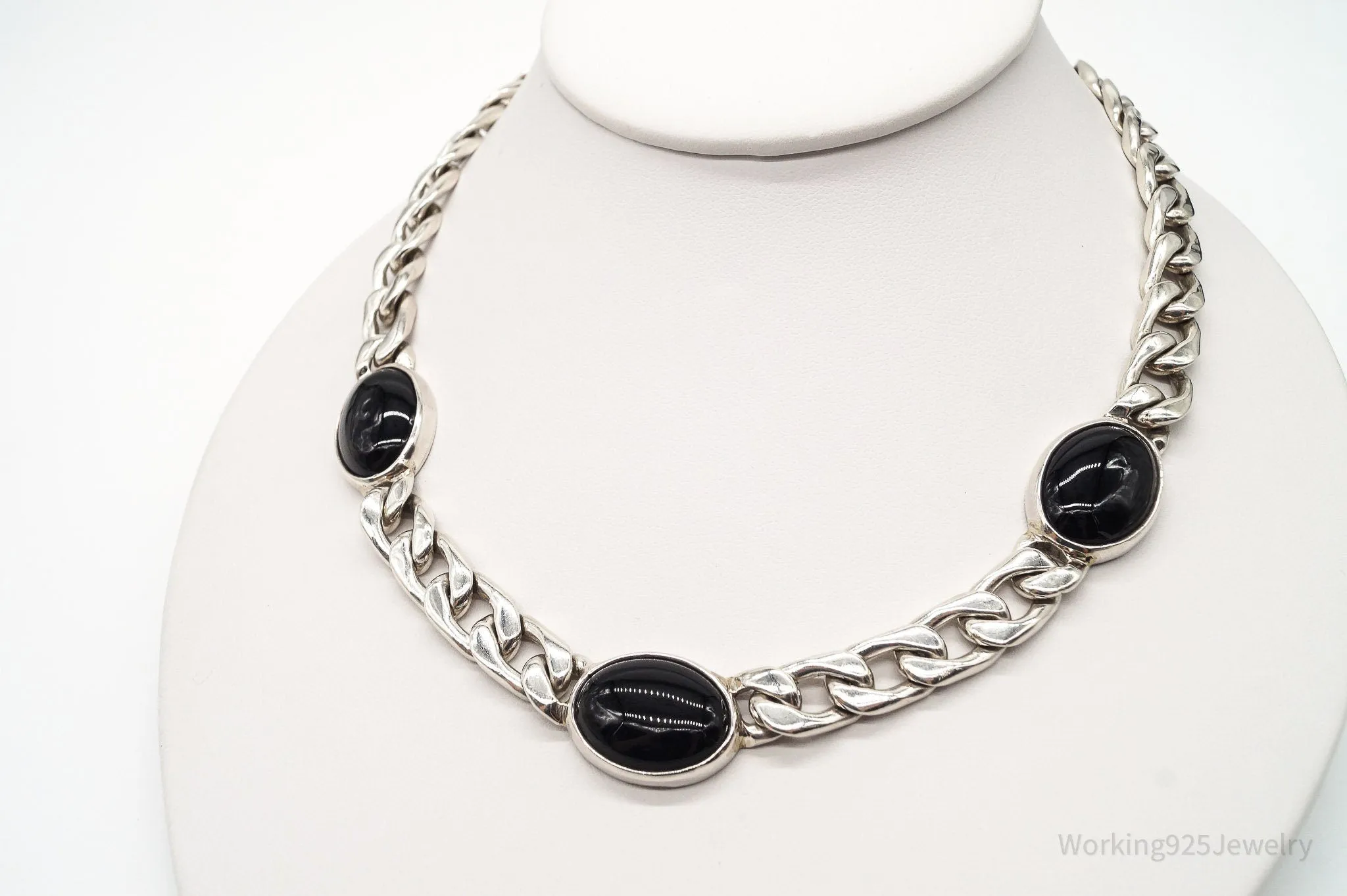 Vintage Black Onyx Curb Chain Sterling Silver Necklace