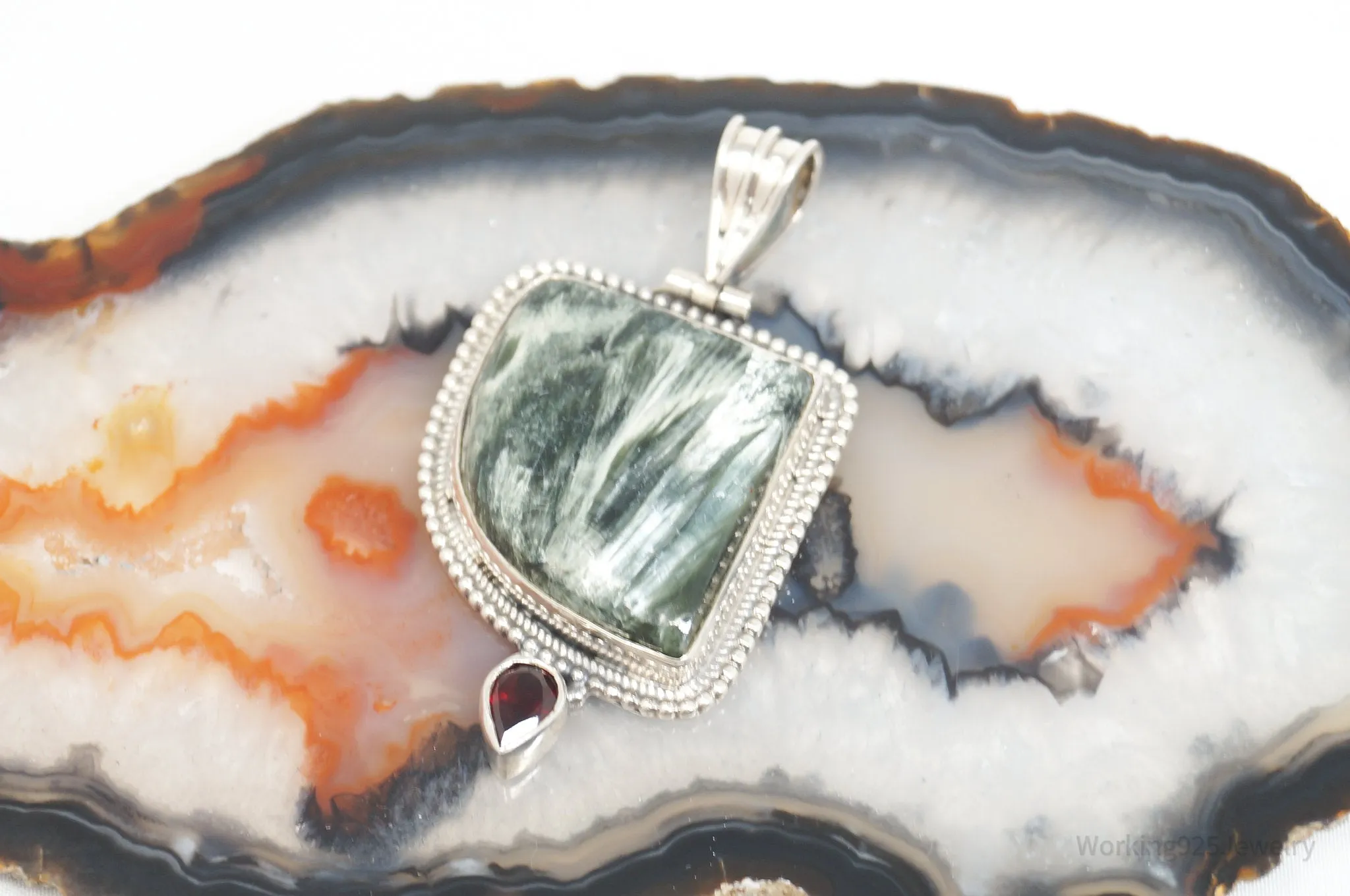 Vintage Large Green Seraphinite Garnet Sterling Silver Necklace Pendant