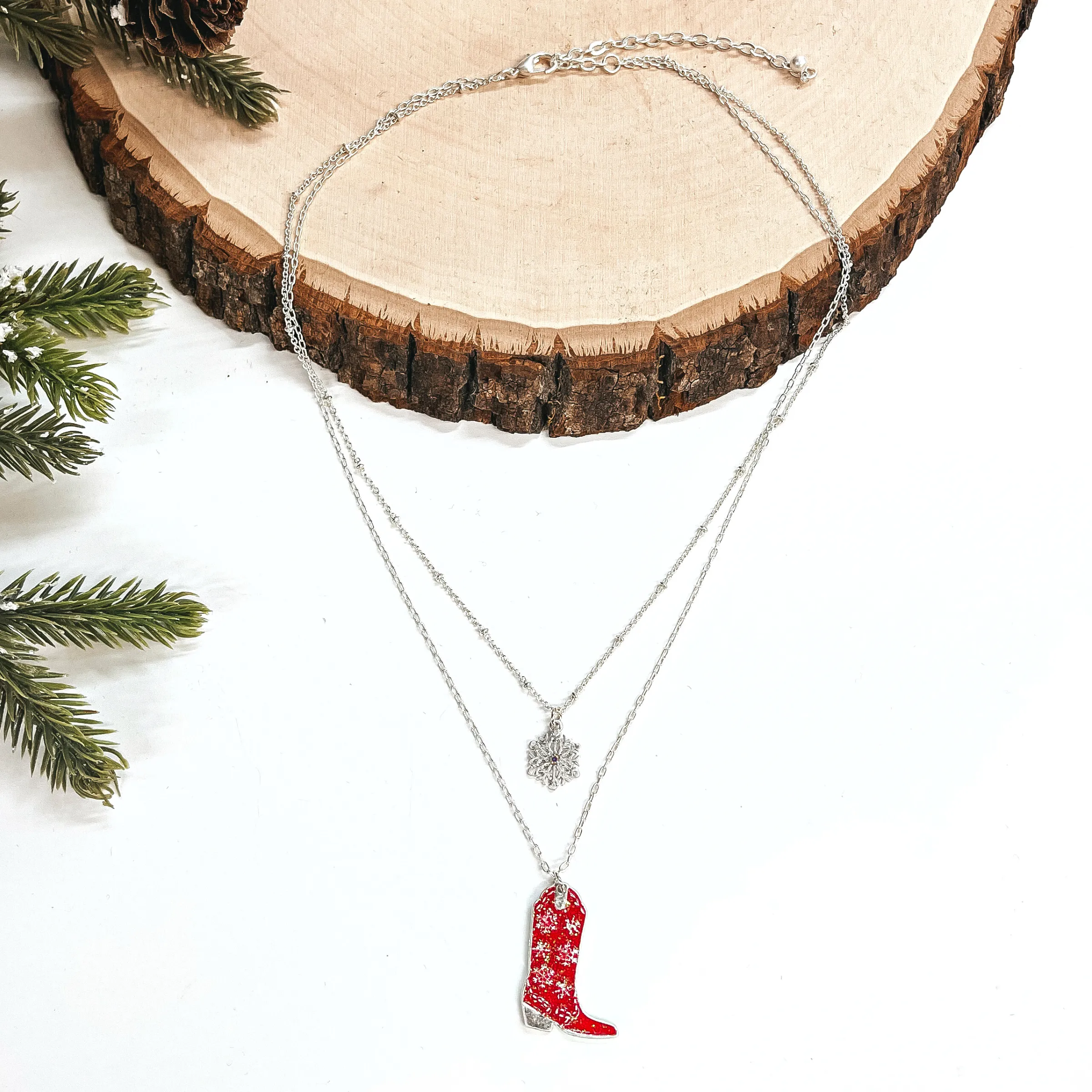 Winter Fate Double Strand Silver Tone Necklace with Silver Tone Snowflake and Snowflake Patterned Boot Pendant in Red