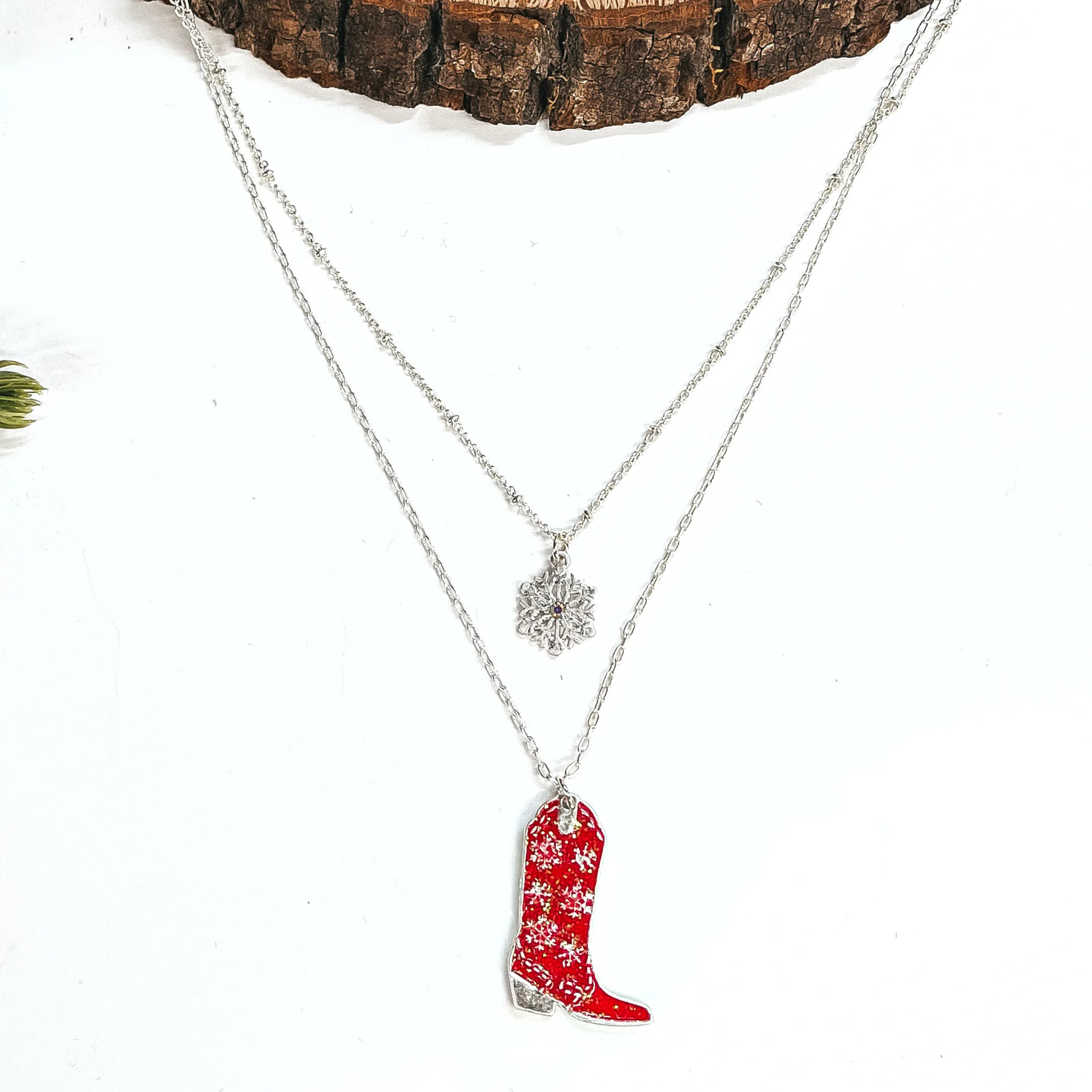 Winter Fate Double Strand Silver Tone Necklace with Silver Tone Snowflake and Snowflake Patterned Boot Pendant in Red