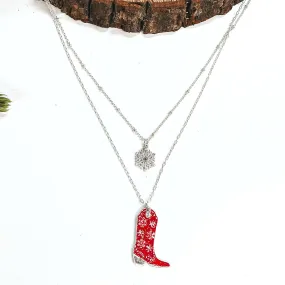 Winter Fate Double Strand Silver Tone Necklace with Silver Tone Snowflake and Snowflake Patterned Boot Pendant in Red