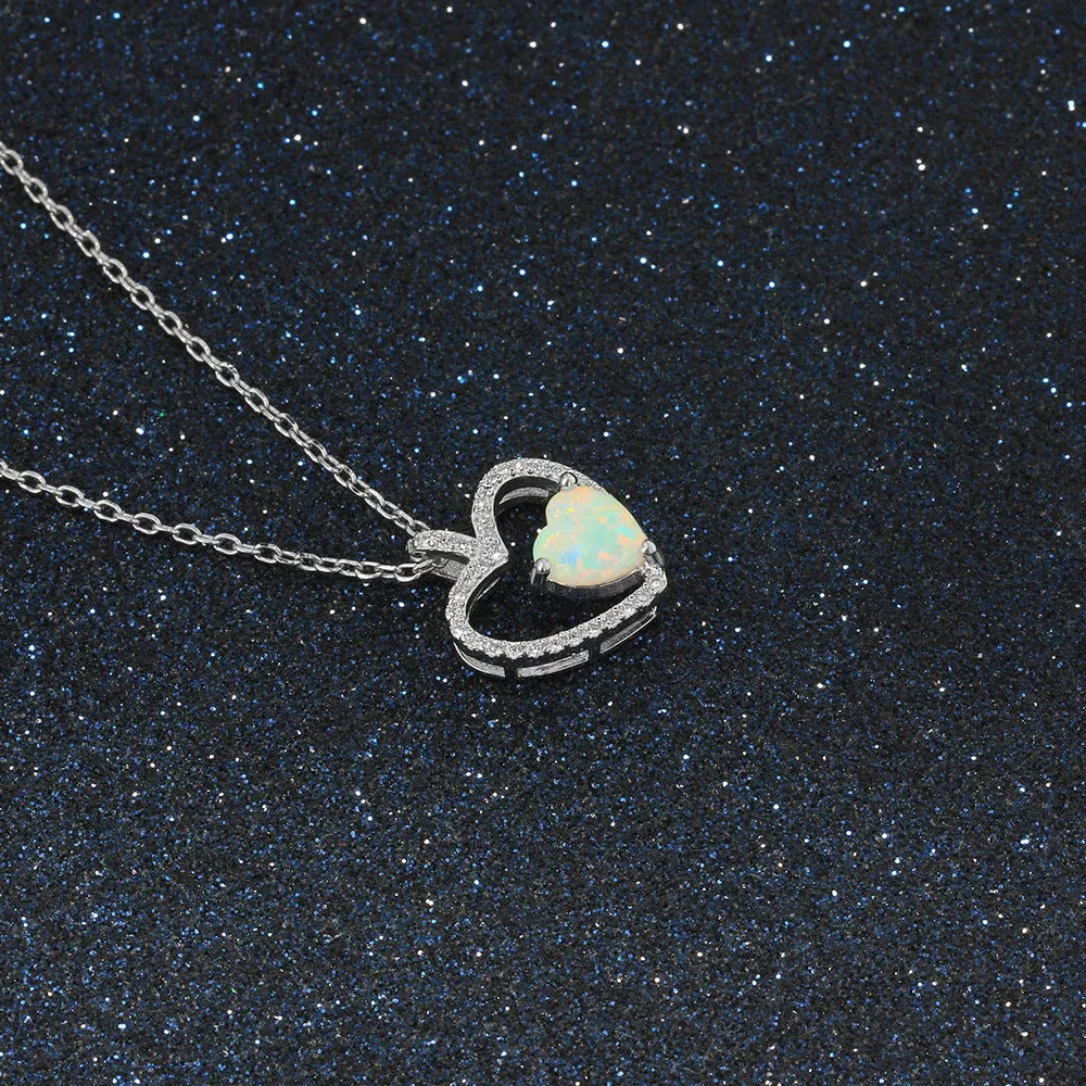 Zircon Hollow Heart Pendant with Heart Shape Opal Sterling Silver Necklace