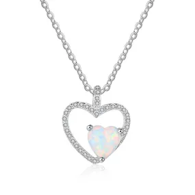Zircon Hollow Heart Pendant with Heart Shape Opal Sterling Silver Necklace